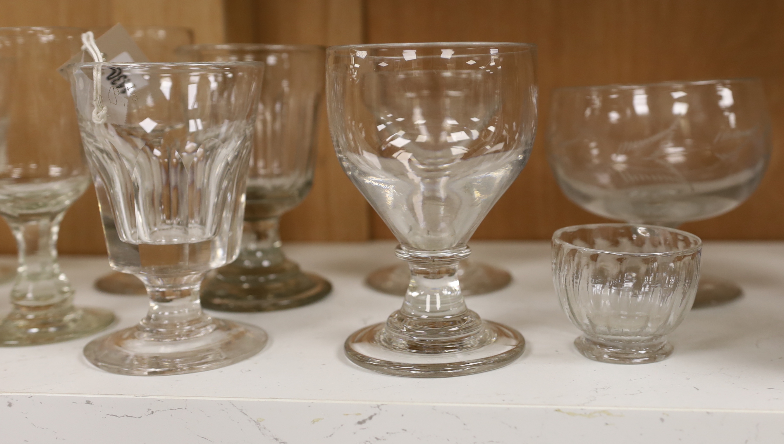 A selection of various glasses including rummers, 19th century and later, tallest 15cm